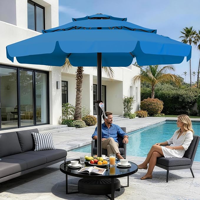 AreShark 12FT 3-Tiers Patio Umbrella with Valance, Outdoor with Crank, Large Outdoor Market Umbrellas Vented with 8 Sturdy Ribs, Patio Table Umbrellas for Garden, Deck, Backyard, Pool, Royal Blue