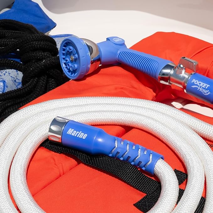 Pocket Hose 50 ft Expandable Garden Hose for Marine & RV Use – Drinking Water Safe & Lead-Free, 3/4” Lightweight No-Kink Hose with On/Off Valve, 10-Pattern Sprayer & Storage Bag