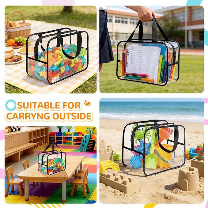 8 Packs Black Widen X-Large Toy Storage Bags 12.6×9.25×6.9In with Labels, Reusable Clear PVC Board Game Storage, Travel Waterproof Organizer Bags with Zipper for Building Blocks, Puzzle