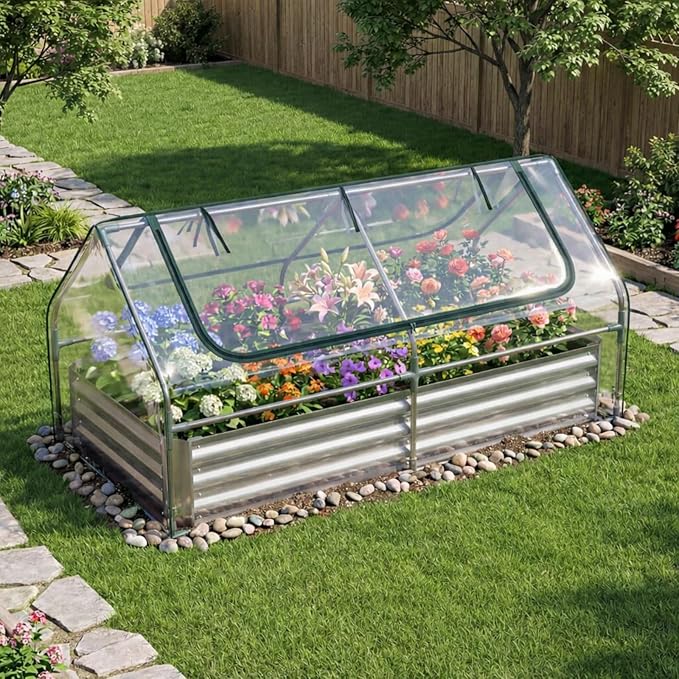 Giantex 3-in-1 Metal Raised Garden Bed with Greenhouse Cover, 6x3x3 FT Galvanized Elevated Outdoor Planter Box with Roll-Up Windows, Open Base Grow Box for Vegetables, Flowers and Herbs, Silver