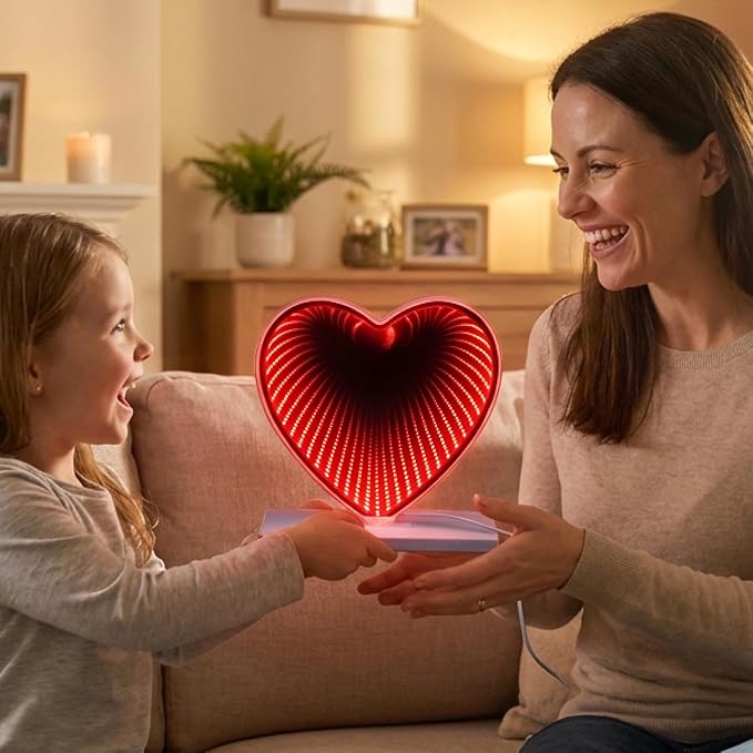 Heart Sign Infinity Light, 3D LED Infinity Mirror Night Light, USB-Powered, Romantic Decor for Bedroom, Living Room, Womens’s Day Gift, Birthday Day Gift, Mother's Day, 7.9×7.9 Inches