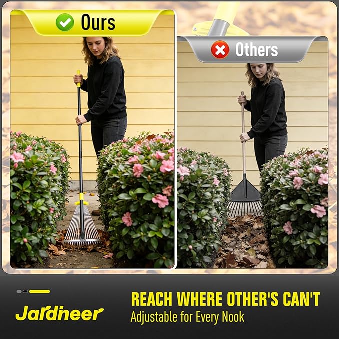 Jardineer Garden Rake for Leaves - Adjustable Metal Leaf Rake with Expandable Head and 59 Inch Long Handle, Yard Rake for Leaves, Debris, Tight Spaces and Yard Waste Removal