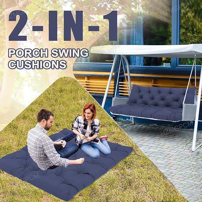 Premium 5" Thick Waterproof Outdoor Swing Cushions Sturdy Durable 2 Seat Replacement Porch Swing Cushions with Backrest&Ties Bench Cushion for Outdoor Furniture Backyard Patio (Navy Blue)