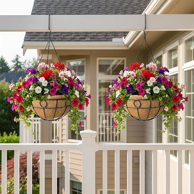 2 Pack 12 inch Black Round Metal Wire Hanging Planter Basket Outdoor Hanging Baskets Indoor with Coco Liner Pot Plant Holder for Home Garden Balcony Decor