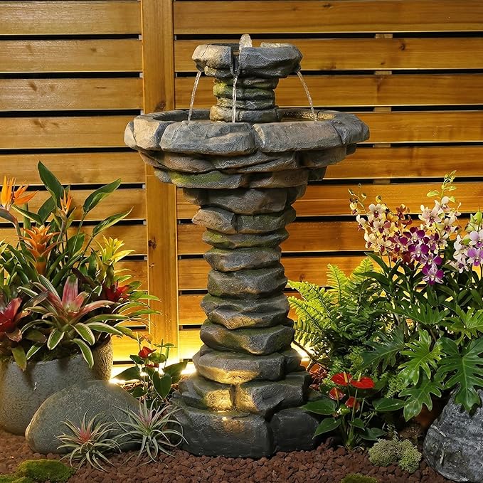 Sunlinua 29.7H Stone-Like Outdoor Water Fountain with LED Lights Italian Resin Garden Fountain for Patio Yard Weather-Resistant Cascading Waterfall Feature with Quiet Pump Elegant Backyard Décor