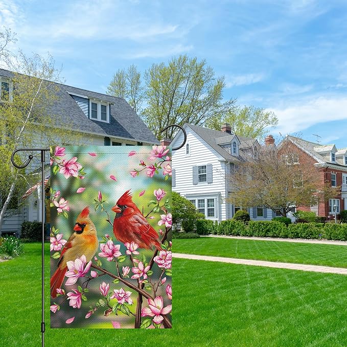 Heyfibro Spring Cardinal Garden Flag Spring Summer Magnolia Flower Garden Flags 12x18 Inch Double Sided Burlap Red Bird House Welcome Flag for Seasonal Farmhouse Yard Outdoor Decor(ONLY FLAG)