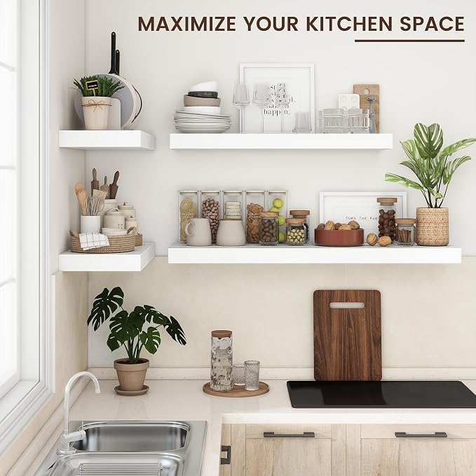 48 Inch Floating Shelves for Wall, 12"D Wood Storage Shelves, White Finish