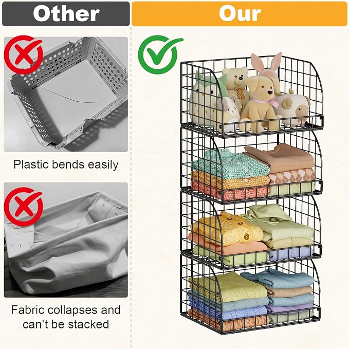 Extended Paragraph Stackable Storage Bins Closet Organizer,4-Pack Wire Baskets For Organizing,Closet Organizers And Storage,Closet Shelves And Open Home Storage Bins,Black,Clothes, Snacks, Toys Can Be