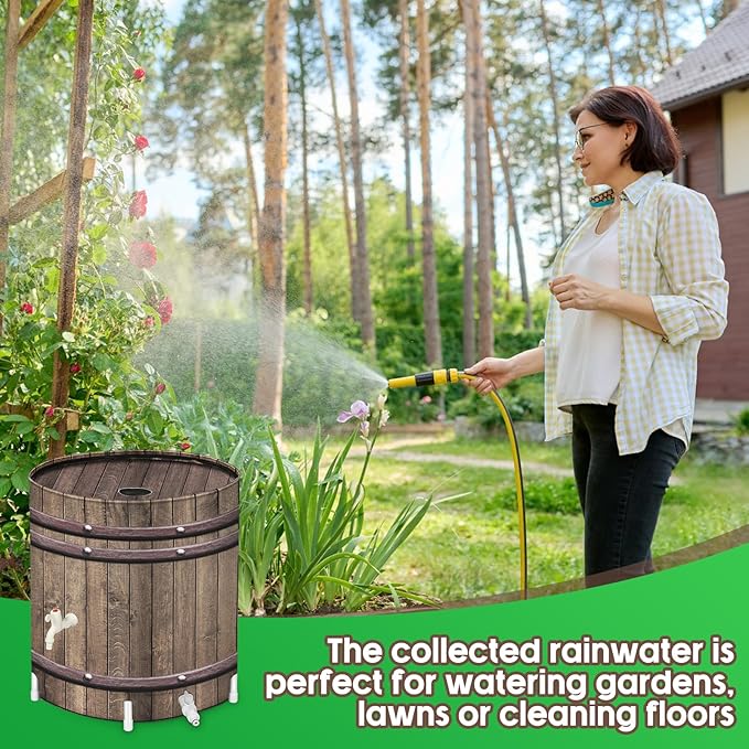 PAETAE Collapsible Rain Barrels, 50 Gallon Rain Water Collection Barrel, Rain Catcher Barrels to Collect Rainwater from Gutter, Leak-Proof Design, Woodgrain