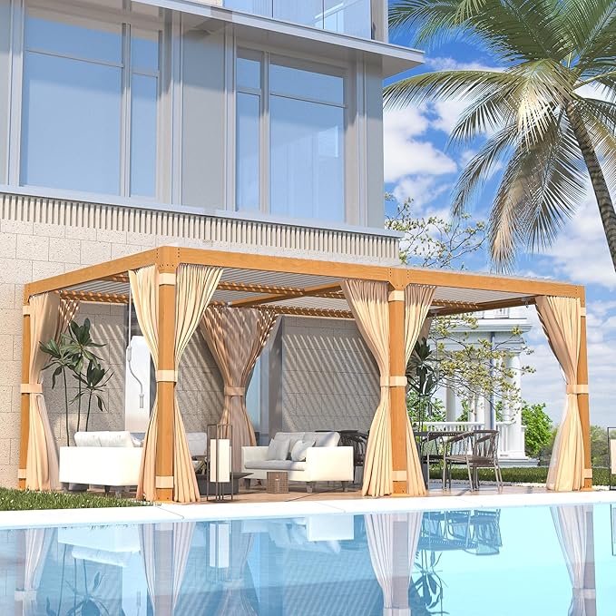 EROMMY Louvered Pergola 12x20, Outdoor Aluminum Pergola with Adjustable Rainproof Roof for Garden, Patio, Deck, Waterproof Curtains and Netting Included, Wood Grain