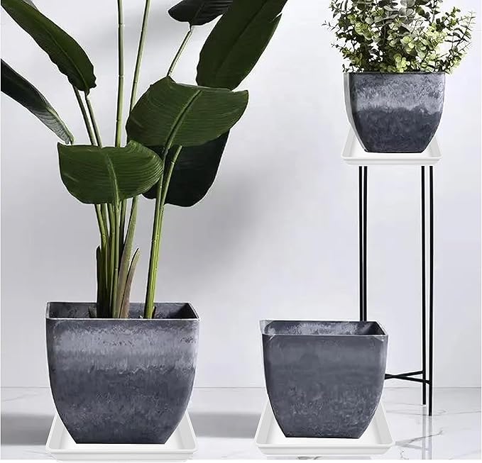 LWALRS Square Plant Saucer 14 Inch 2 Pack, Durable Plastic Plant Trays Plant Pot Saucers, Square Planters for Indoors and Outdoors Plants, Garden Large Plant Saucers for Pots Black.
