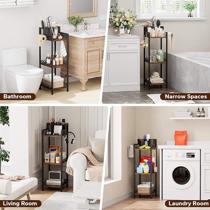 Bathroom Storage and Organizer Shelf Hair Dryer Holder, 9.85in | 3-Tier Narrow Metal Standing Rack with Toilet Paper Holder,Makeup Stand for Cosmetic, Vanity, Kitchen, Laundry Rustic Brown
