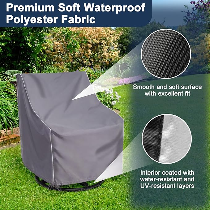 Outdoor Garden Furniture Chair Covers (29” W x 34” D x 35” H) Patio Rocking Chair Covers, Outdoor Swivel Chair Cover, with White Pull Tabs for Easy Use and Storage (2 Pack, Grey)