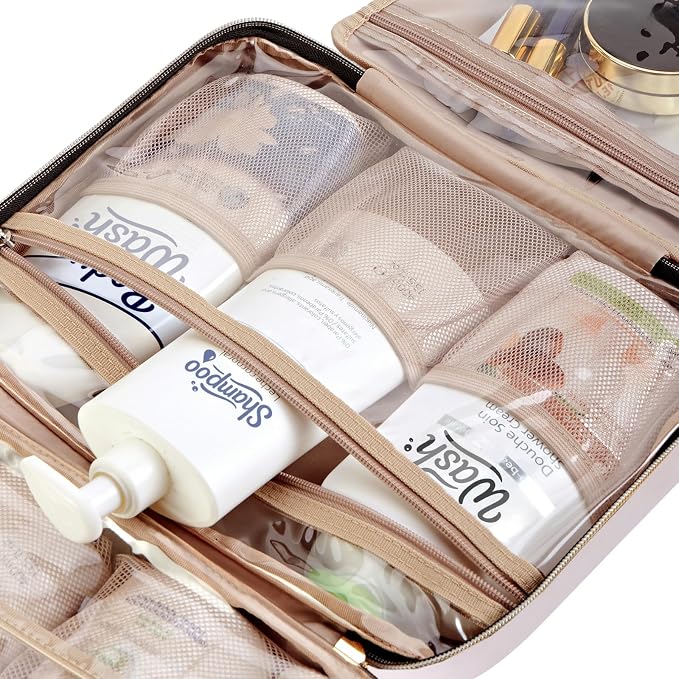NISHEL Travel Toiletry Bag for women, Portable Hanging makeup Organizer | for Travel-Sized Shampoo, Conditioner, Brushes Set, makeup Accessories, Large Size, Pink