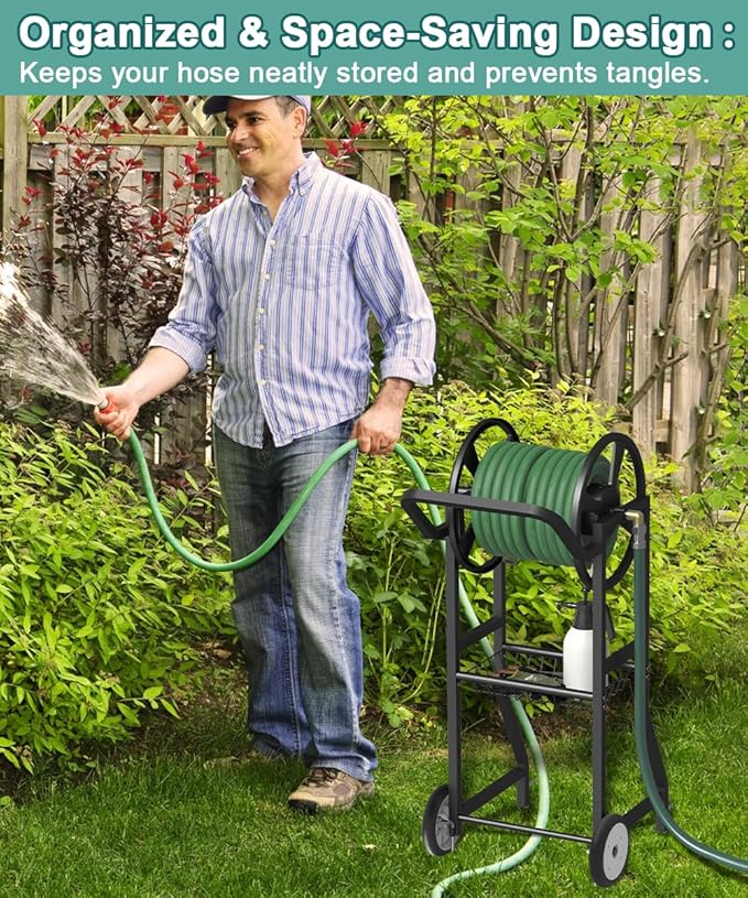 Artigarden Garden Hose Reel Cart with Wheels, Outdoor Heavy Duty Powder Coated Steel Water Winder Storage Holds 125 ft 5/8" Hoses with 3.9ft Leader Hose and Basket for Backyard, Yard, Lawn, Black