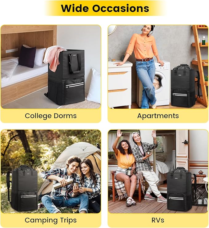 Vorspack Laundry Backpack Bag with Shoulder Straps, XX-Large Hamper, Black | Heavy Duty 2 in 1 Laundry Basket, Structured Square Base, Portable Hamper for College Dorm Camp Laundromat Apartment Travel