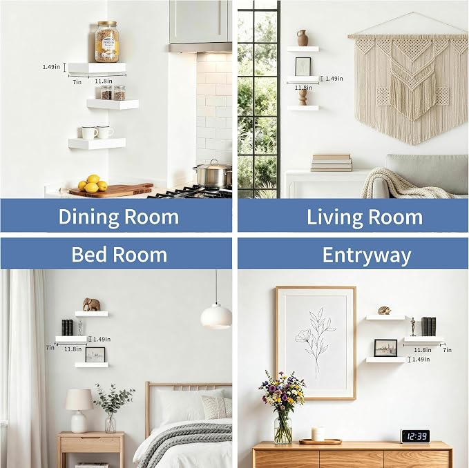 White Floating Shelves for Wall, 12 Inch Wooden Shelves Set of 3 | Pack White Floating Shelves, 33lbs Max Load, Hidden Brackets, Easy Install, Bedroom Living Room Decor Display Storage