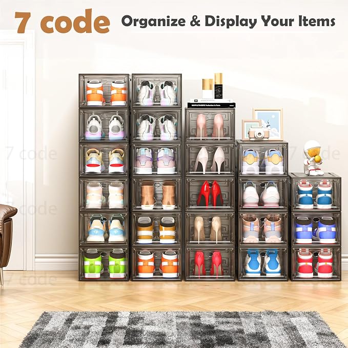 Sturdy Clear Shoe Organizer with Magnetic Door, Stackable Shoe Storage Box