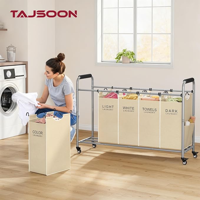 Tajsoon Laundry Sorter 5 Section, Clothes Hamper with Wheels, Beige