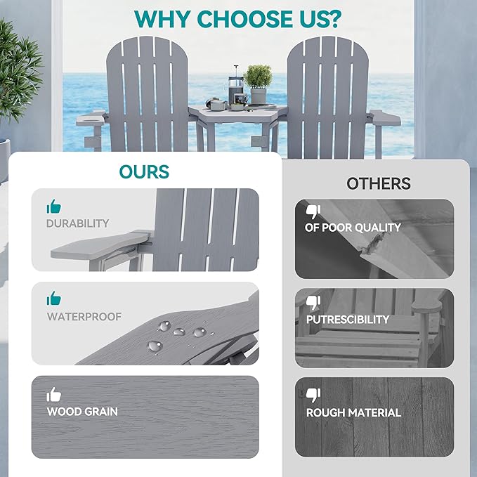 Vongrasig Adirondack Chairs Set of 2 with Removable Tabletop and Footrest, HDPE Plastic Outdoor Chair Set with Wooden Textured, Cup Holder for Patio, Poolside, Garden, Light Grey, 5 Pieces