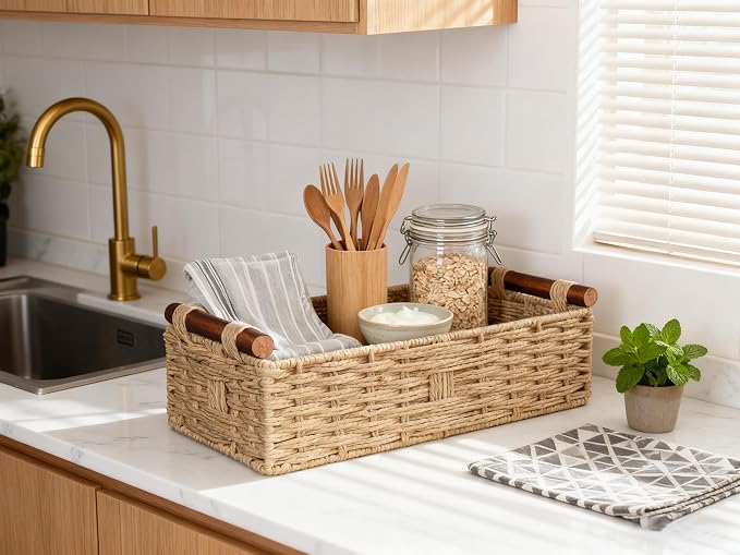 Toilet Tank Basket, Back of Toilet Bathroom Storage Basket | Woven Paper Rope Bathroom Basket with Wood Handles for Toilet Tank Top, Vanity, Shelf, Countertop Organizer for Toiletries