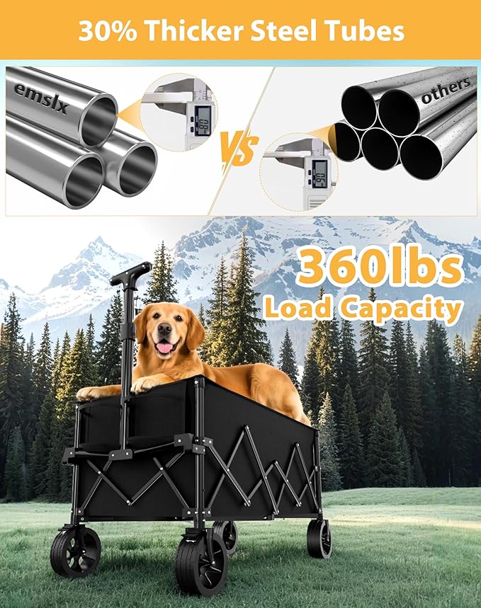 7.8 Cu ft Extra Large Foldable Wagon Cart, 360lbs Capacity, All-Terrain Beach Wagon with Big Wheels for Sand, Compact Fold Easy Storage, 220L Collapsible Utility Cart for Grocery Sports Garden Camping