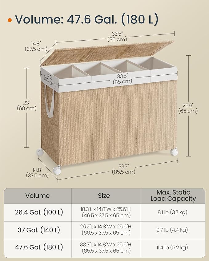 SONGMICS HOME Laundry Hamper with 4 Section, 180 L, Rattan, with Wheels | Rolling Clothes Basket with Lid, Removable Liner with Handles, Tan and White, PEZZO Collection ULCB603N01