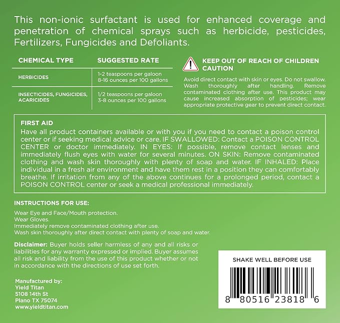Yield Titan's Non-Ionic 80/20 Surfactant for Herbicides, Pesticides, Fertilizers and Fungicides to Increase Product Penetration 1 Pack of 8oz (8 OZ)