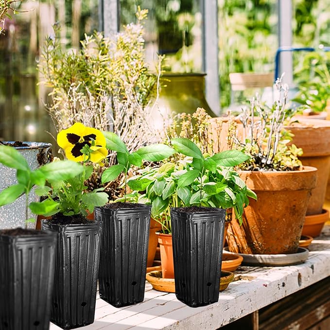 RunNico 50pcs Plastic Deep Plant Nursery Pots, 9.8”Tall Tree Pots,Black Deep Seedling Container Pots with Drainage Holes for Indoor Outdoor Gardening (4.7" Wx9.8 H)