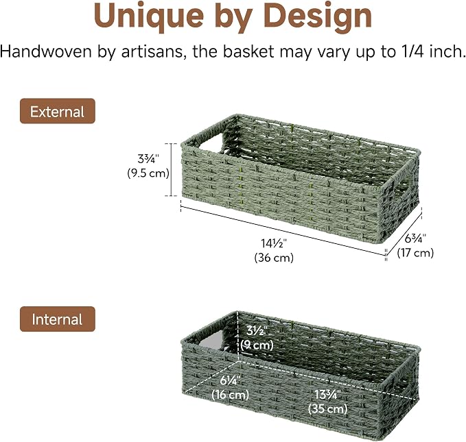 StorageWorks Wicker Toilet Basket Tank Topper for Sage Green Bathroom Decor | Paper Rope Toilet Paper Baskets with Built-in Handles, Small Wicker Bathroom Basket Organizer for tank top, countertop