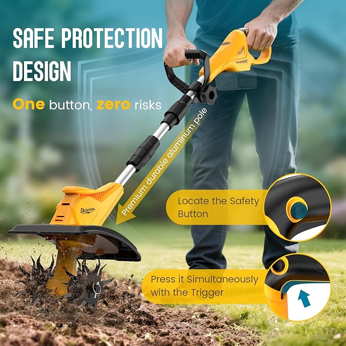 Garden Tools - Cordless Tiller Cultivator Compatible with DEWALT 20V MAX Battery (Tool Only), 310RPM Electric Rototiller with 40 Steel Tines, 9.1In Tilling Width & 6.3In Depth Tiller, Folding Design