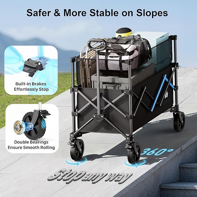 Homebetta Collapsible Wagon Cart, 450LBS Heavy Duty Collapsible Wagon with Brake, All-Terrain Wheels, Removable Fabric Cover, Adjustable Capacity 150L–300L for Garden, Moving, Glamping, Beach, Gift