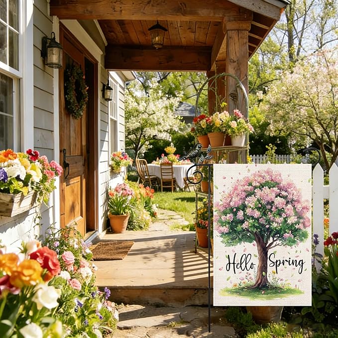 GEEORY Spring Garden Flag 12x18 Inch, Pink Floral Tree Double Sided Spring Summer Small Floral Flag, Farmhouse Rustic Outdoor Decor for Outside Yard Lawn Decoration