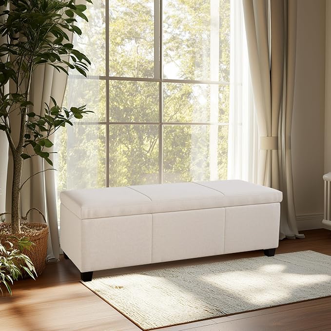 BELLEZE Storage Ottoman, 47 Inch Bench Bedroom Bench with Safety Close Hinge, Extra Long Ottoman with Storage for Living Room, Entryway, Hallway, Foot Rest, Support 300lbs - Beige