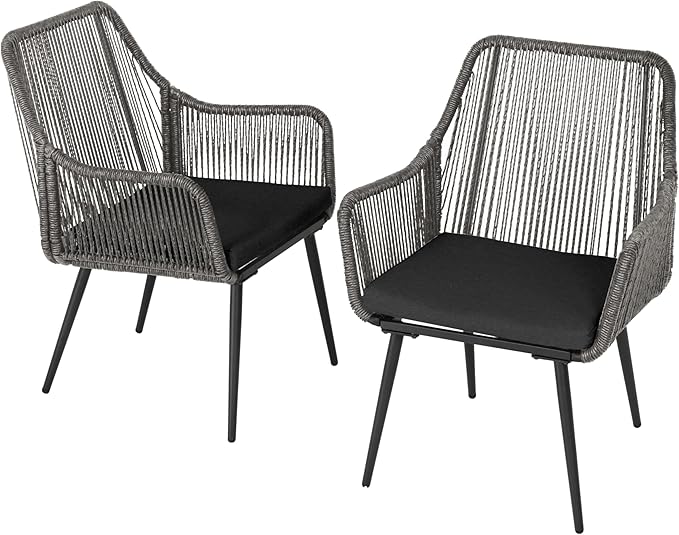 Patio Dining Chairs, Outdoor Dining Chairs with Armrest and Cushion Set of 6, Woven Twisted Wicker Rattan Chair, Modern Indoor Outdoor Seating for Garden, Lawn, Backyard, Grey