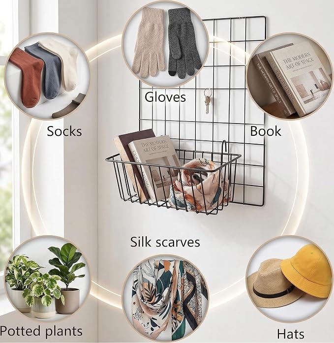 10 PCS Wire Baskets Wall Grid Panel Hanging Wire Basket Hanging Wall Baskets No Drilling Wall Hanging Baskets Grid Wall Storage Basket for Kitchen Bathroom Home Decor Supplies, Black