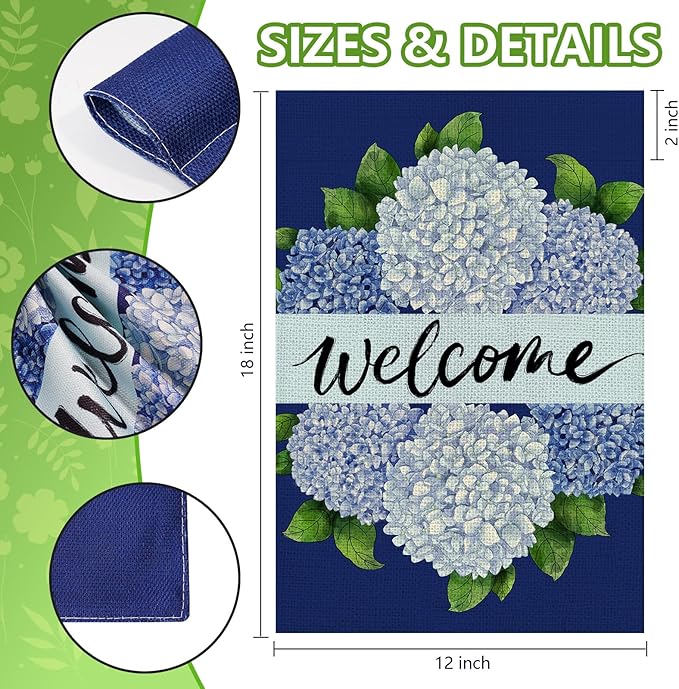 Spring Summer Garden Flag 12x18 Inch Double Sided, Hydrangea Floral Welcome Flag for Yard Outdoor Decoration