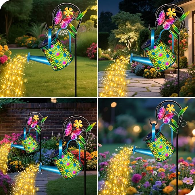 Solar Lights Outdoor Decorative, Blue Metal Solar Watering Can Lights Waterproof, Gifts for Women Mom Mother's Day, Hanging Lantern Decoration Garden Decor Yard Light for Outside Patio Lawn Porch