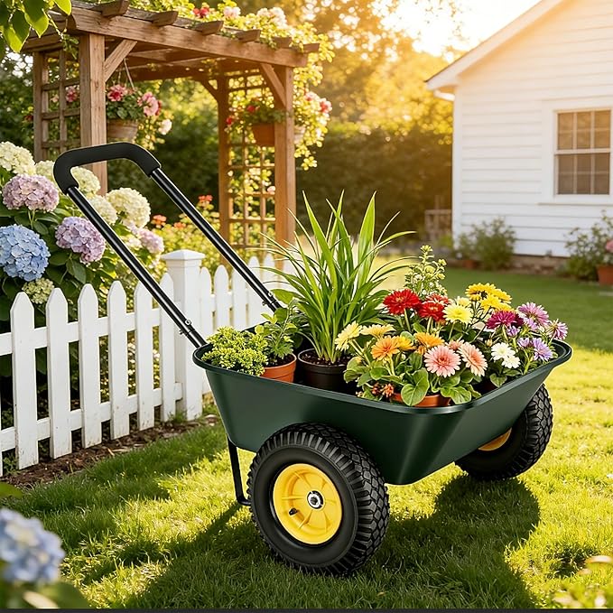 2 Wheel Wheelbarrow, Dual-Wheel Garden Dump Cart with 10" Non-Slip Pneumatic Tires & Ergonomic Padded Handle, Heavy-Duty Home Utility Yard Cart Wagon with 3 Cu Ft Capacity for Lawn, Gardening