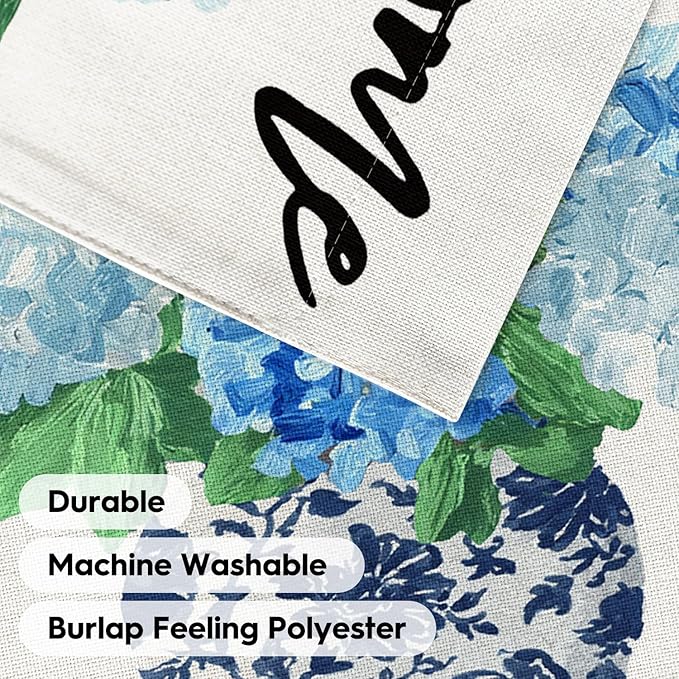 AVOIN colorlife Spring Hydrangea Floral Welcome House Flag 28x40 Inch Double Sided Outside, Blue and White Chinoiserie Seasonal Yard Outdoor Flag