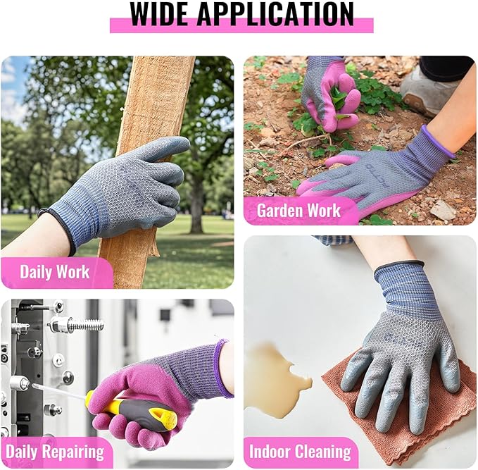 Gardening Gloves for Women 3 Pairs, Garden Gloves for Pruning Flower Rose, Weeding, Digging, Raking, Flower gloves with Rubber coating (Small, Pink)