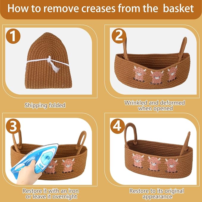 Vesici Highland Cow Storage Basket for Toilet Tank, Cotton Rope Bathroom | Farmhouse Decor Organizer with Handle, Holds Toilet Paper Rolls, Tank Top and Countertop Storage, 13x6x4 Inch