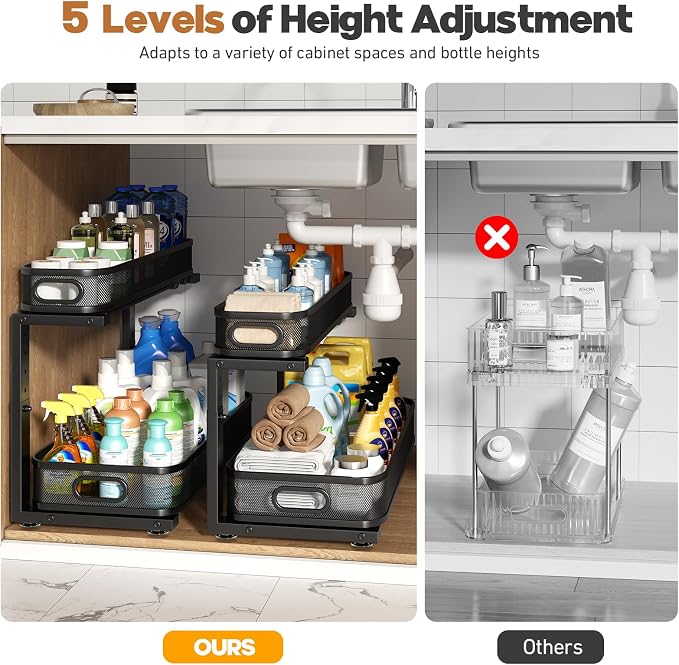 2 Pack 21.3IN-Depth Under Sink Organizer with Smooth Cylindrical Rail,2-Tier Pull Out Multi-Purpose Cabinet Storage for Bathroom&Kitchen,Height Adjustable,Rust-Resistant Coating-Black