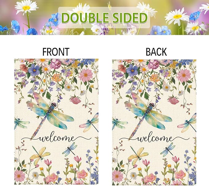 Spring Summer Dragonflies Wildflowers Welcome House Flag 28 x 40 Inch Double Sided, Watercolor Floral Large Yard Garden Flags Holiday Farmhouse Flags for Patio Outdoor Outside Decoration