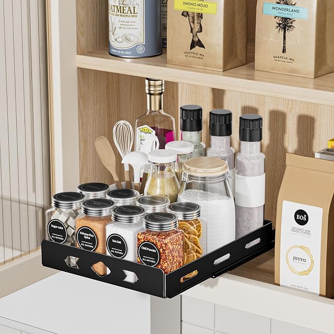 BOIVSHI Pull Out Spice Rack for Cabinet, 1 Tier, 8.4" Wx10.5 Dx2.8 H | Heavy Duty Metal Spice Rack Organizer for Pantry, Vertical Design Saves Space Inside the Cabinets, Black
