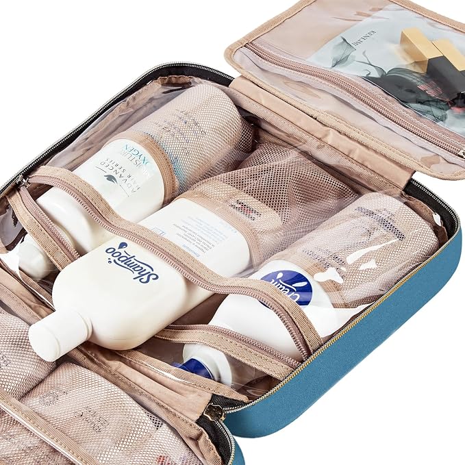 NISHEL Travel Toiletry Bag for women, Portable Hanging makeup Organizer | for Travel-Sized Shampoo, Conditioner, Brushes Set, makeup Accessories, Large Size, Lake-Blue