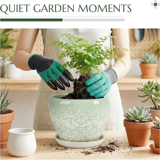 10.2 Inch Ceramic Planter with Saucer Leak-Proof Mesh &Drainage, Round Plant Pot with Gardening Gloves for Indoor Outdoor Plants (Jade Green)