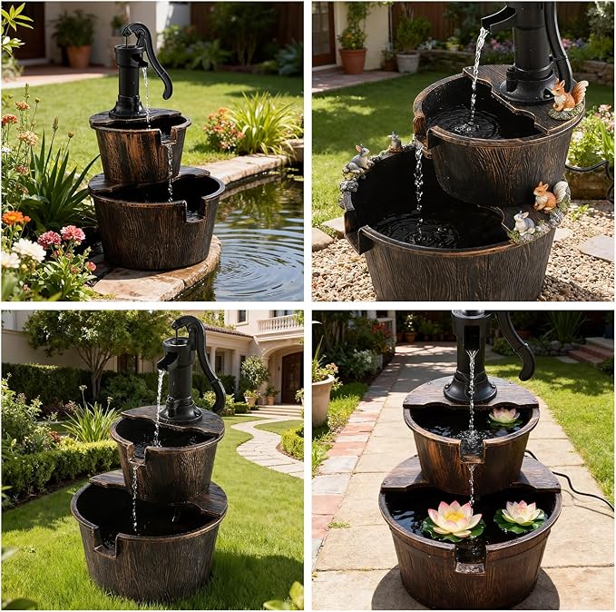 3-Tier Freestanding Rustic Barrel Waterfall Fountain,40-Inch Wood Outdoor Water Fountain with Pump for Garden,Patio, Backyard and Porch