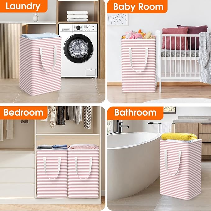 3-Pack Laundry Basket, Collapsible Laundry Hampers, 75L, Pink | Freestanding, Waterproof, Foldable Laundry Bin with Reinforced Handles, Dirty Clothes Hamper Basket for Bathroom, Dorm,Camper