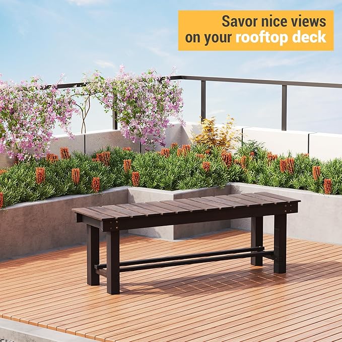 Wood Outdoor Garden Bench,3-Person Seat 47" Backless Bench, 100% Solid Fir Carbonized Weatherproof Patio Bench,Indoor Bathroom Seat Entryway Shoe Bench for Garden Porch Backyard Pool Balcony (Large)